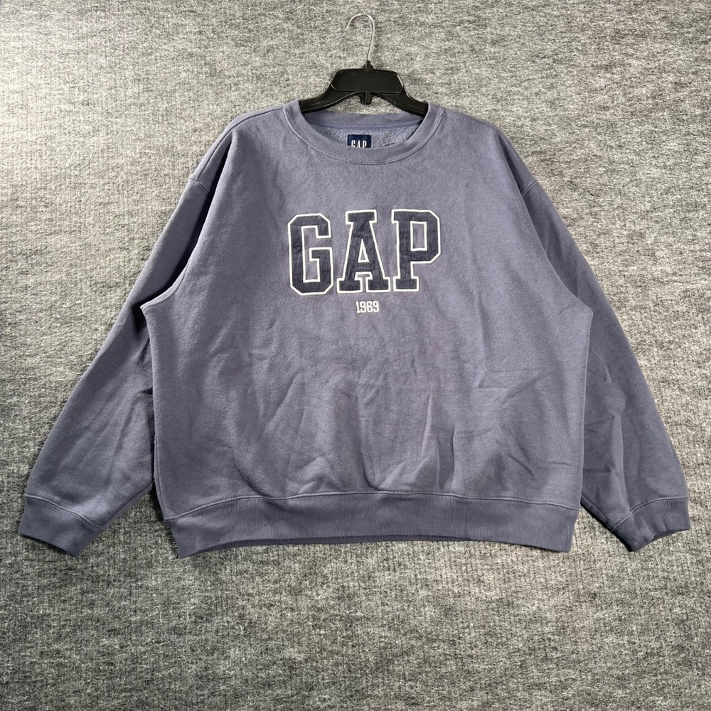 Gap 1969 Logo Crewneck Sweatshirt L Faded Navy Blue Fleece Pullover Mens